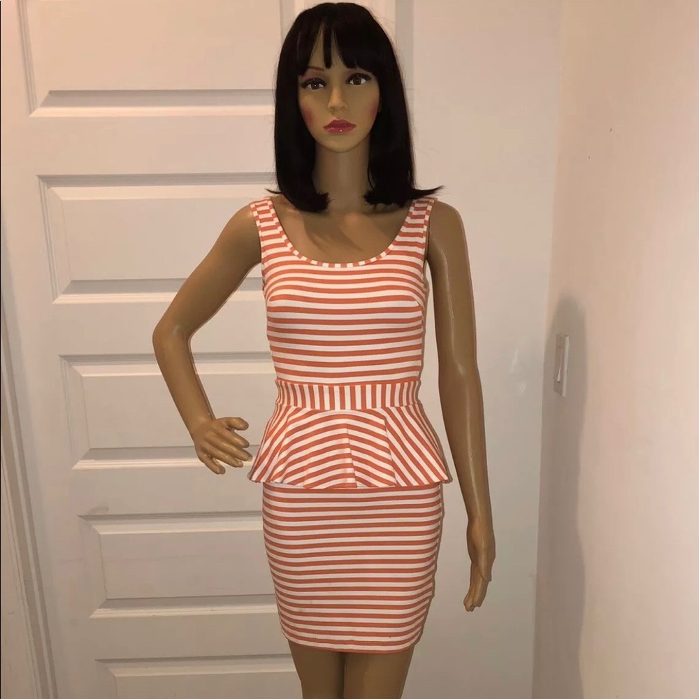 NWOT Orange & White Striped Peplum Dress